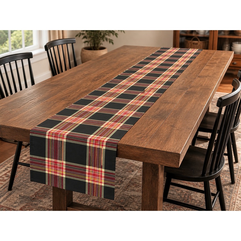 Pottery Barn Brown‎ Plaid Cotton Table Runner 18x105 long Farmhouse Decor Fall